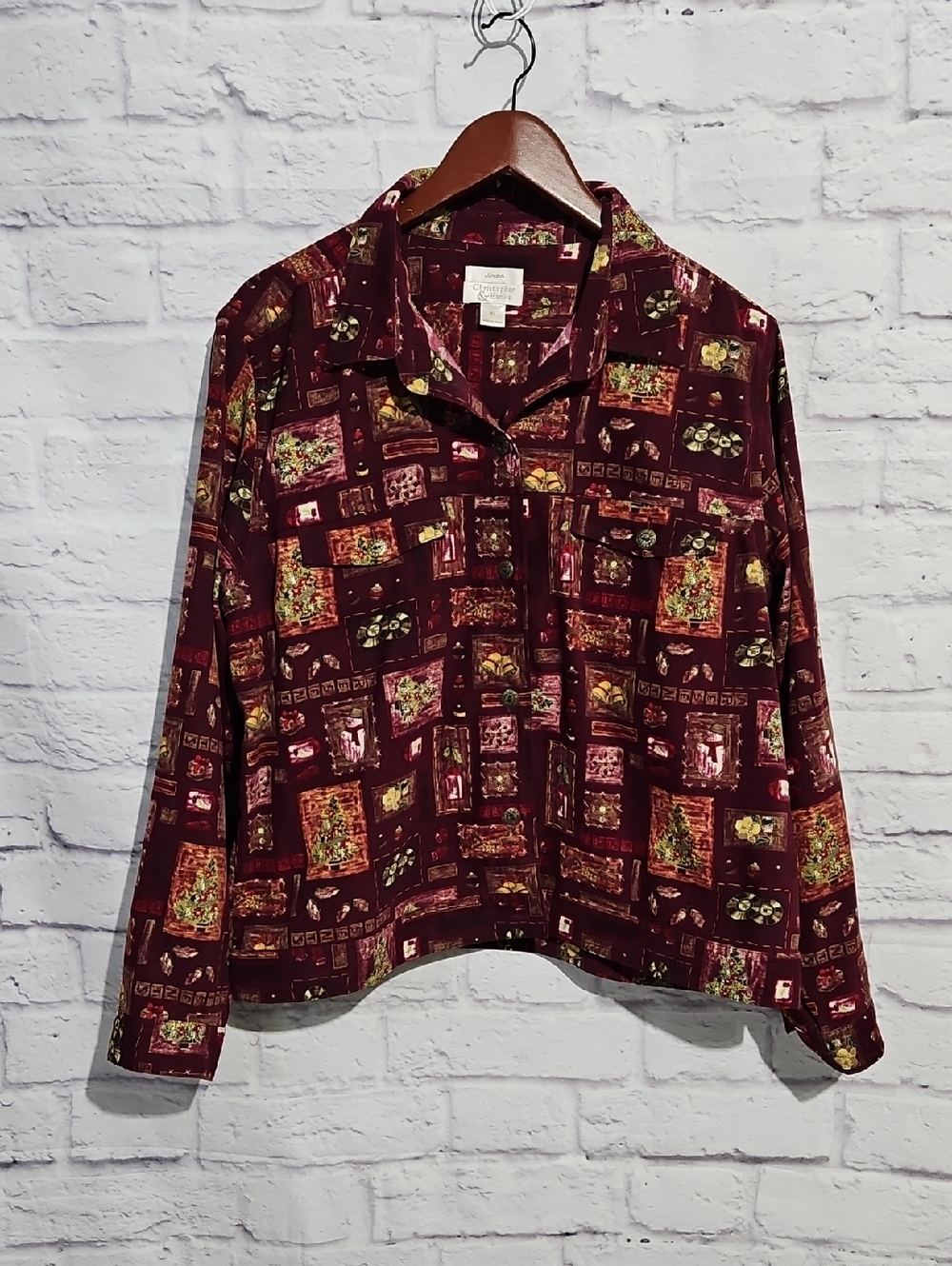 Christopher & Banks Burgundy Holiday Printed Button-Down Shirt